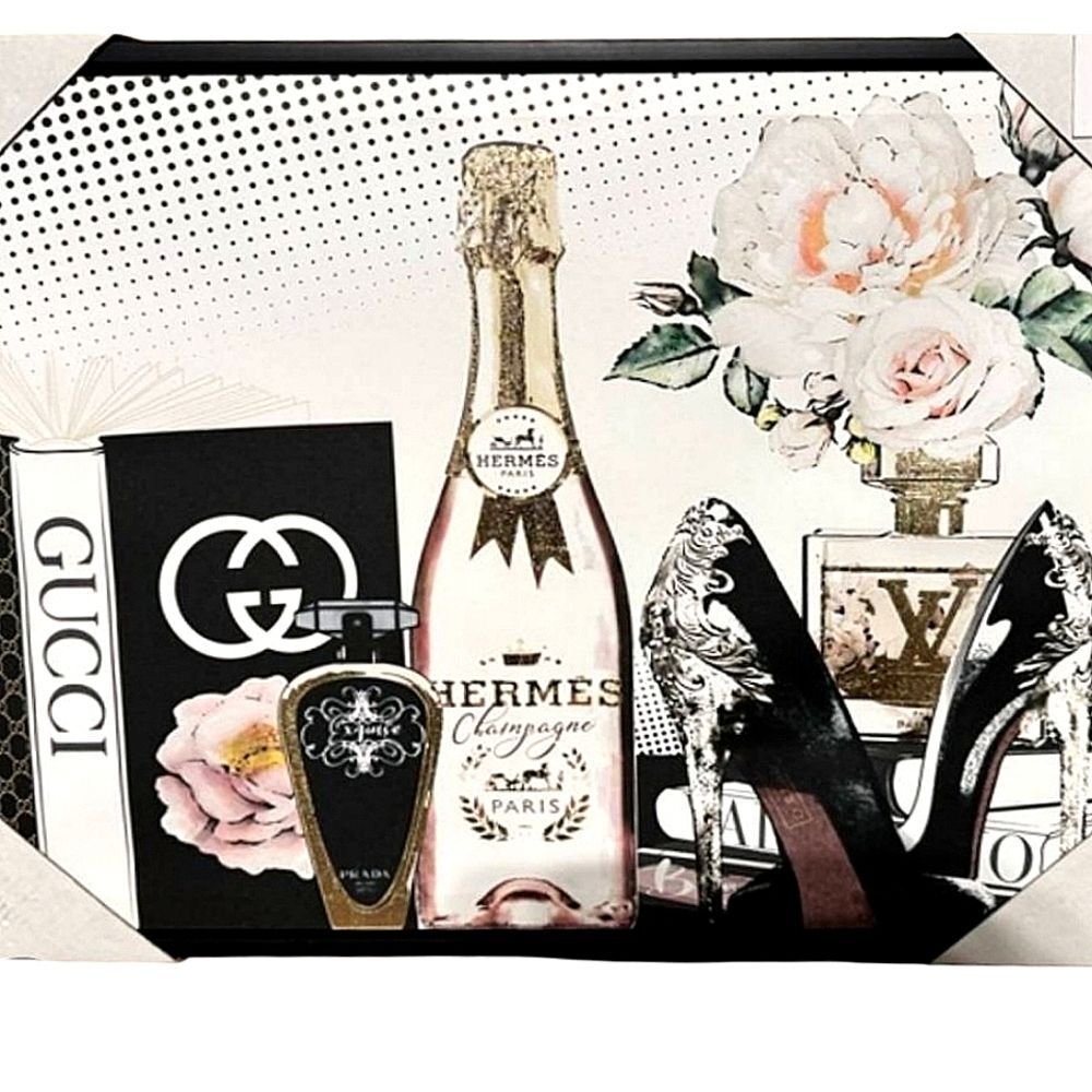Crystal Luxe Hermes & Gucci Champagne and Floral Framed Canvas Wall Decor